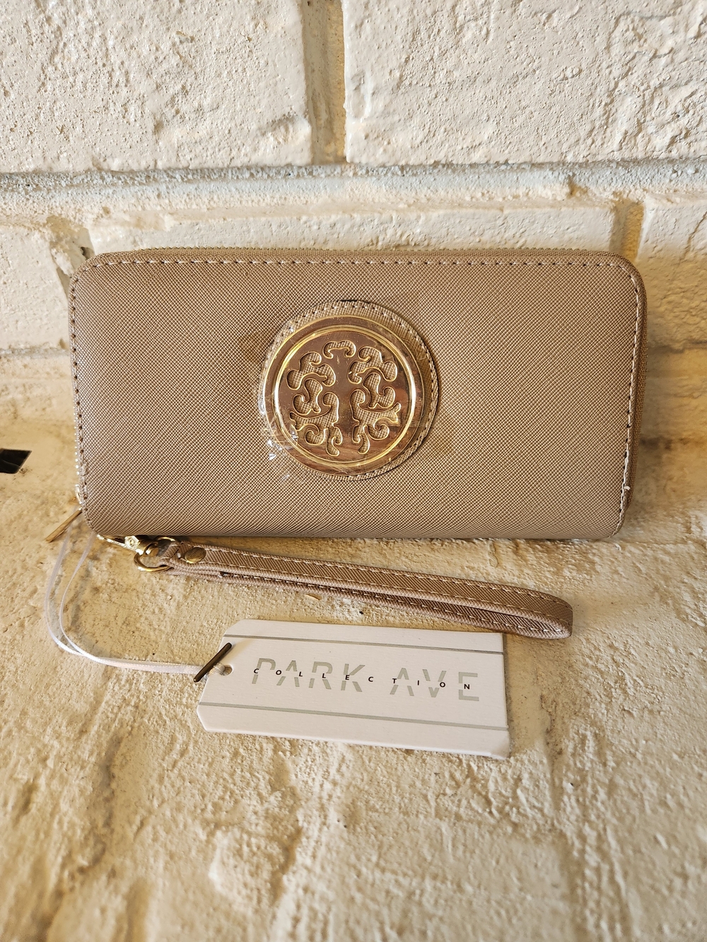Zip-Around Wristlet Wallet in Taupe with Gold Logo